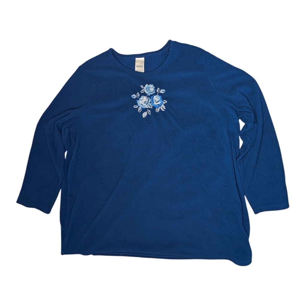 Blair Sweatshirt Womens XXL Blue Floral Rose Embroidered Fleece Pullover
